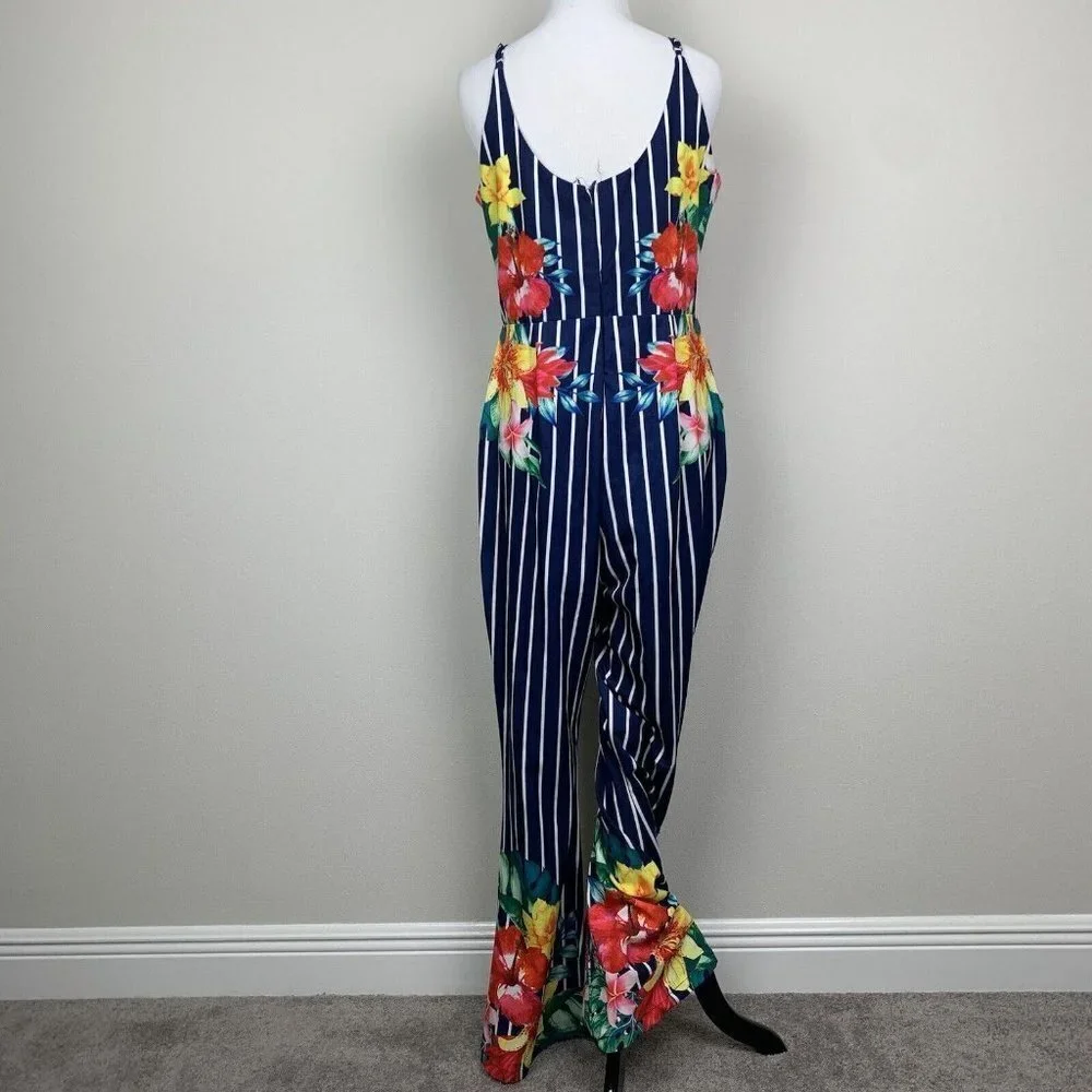 Chicways Floral and Striped Jumpsuit Size Large Hibiscus Flower Vneck blue - Picture 9 of 9